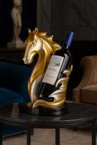Suport decorativ sticlă vin cap de cal auriu argintiu pe soclu negru