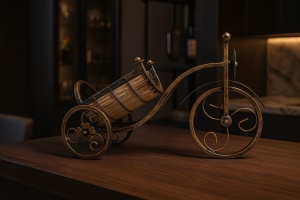 Suport vin tricicletă vintage din metal auriu – decor și cadou elegant pentru sticle