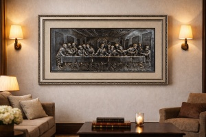 Tablou Cina cea de Taină în relief argintiu cu ramă decorativă, decor religios pentru perete