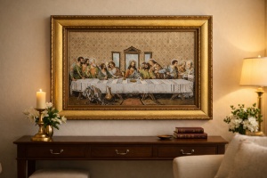 Tablou decorativ religios Cina cea de Taină, scenă clasică cu Iisus și apostolii, în ramă ornamentală