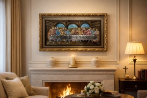 tablou color relief reprezentând Cina cea de Taină, cu ramă aurie decorativă și fundal color