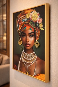 Tablou decorativ cu portret de femeie africana, turban colorat si bijuterii elegante