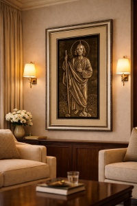 Tablou cu Iisus Hristos în relief argintiu, cu ramă decorativă aurie, decor religios pentru perete