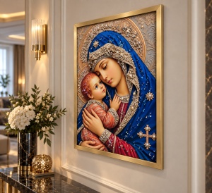 Tablou Maica Domnului cu Pruncul Iisus Hristos cu Pietricele 40x30cm - Gold - Img 3