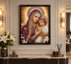 Tablou Maica Domnului cu Pruncul Iisus Hristos cu Pietricele 60x40cm - Black - Img 2