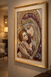 Tablou Maica Domnului cu Pruncul Iisus Hristos cu Pietricele si Sclipici 72x52cm