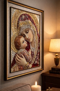 Tablou Maica Domnului cu Pruncul Iisus Hristos cu Pietricele si Sclipici 72x52cm