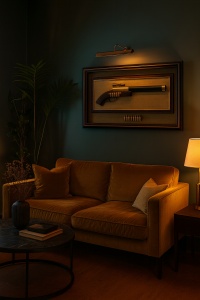 Obiect decorativ elegant cu pistol vintage expus într-o ramă aurie