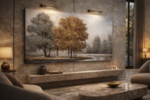 Tablou decorativ panoramic cu peisaj natural, copaci aurii și lac