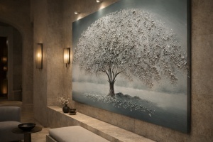 Tablou peisaj artistic cu arbore inflorit, decor contemporan pentru casa