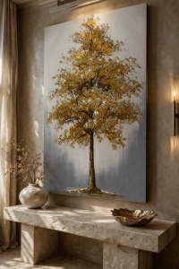 Tablou vertical cu copac auriu solitar, pictura decorativa pe panza stil modern