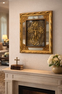 tablou religios cu cruce aurie în relief, în ramă decorativă cu accente aurii și inserții de oglindă