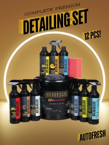 Pachet set 12 produse pentru curatare auto si moto interior exterior, Autofresh, elemente de caroserie, bord, jante, anvelope, motor, tapiserie, odorizant auto, lichid parbriz concentrat, sampon auto, ceara lichida, laveta si burete