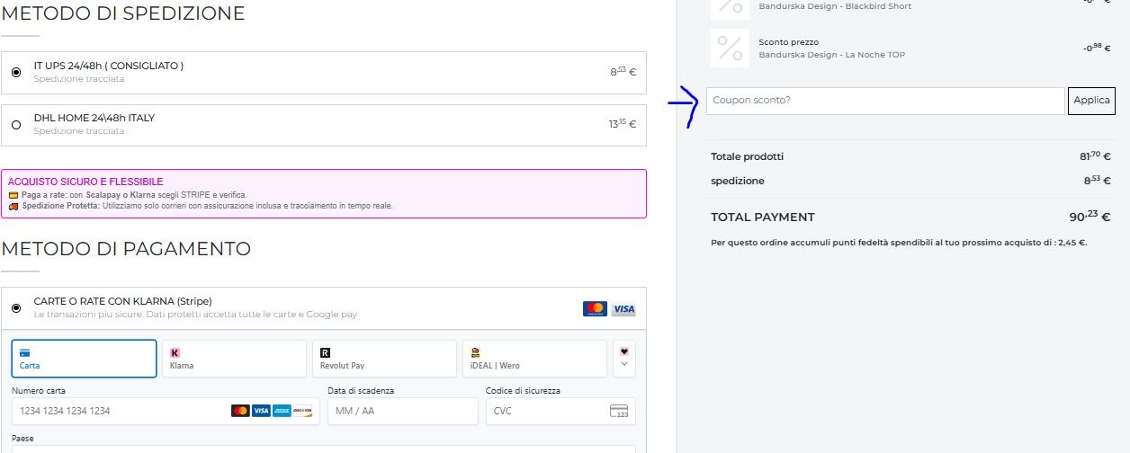 Inserimento coupon nella pagina di checkout