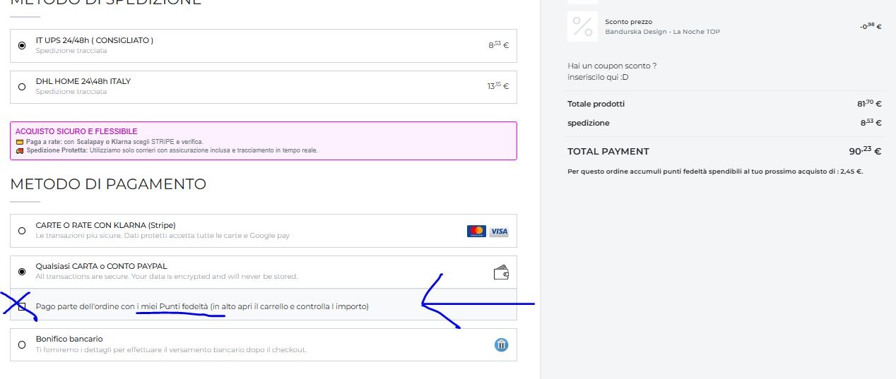 Casella di spunta per l'utilizzo dei punti fedeltà al checkout
