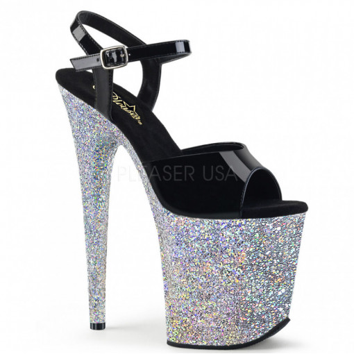 Pleaser FLAMINGO-809LG Blk Pat/Slv Multi Glitter