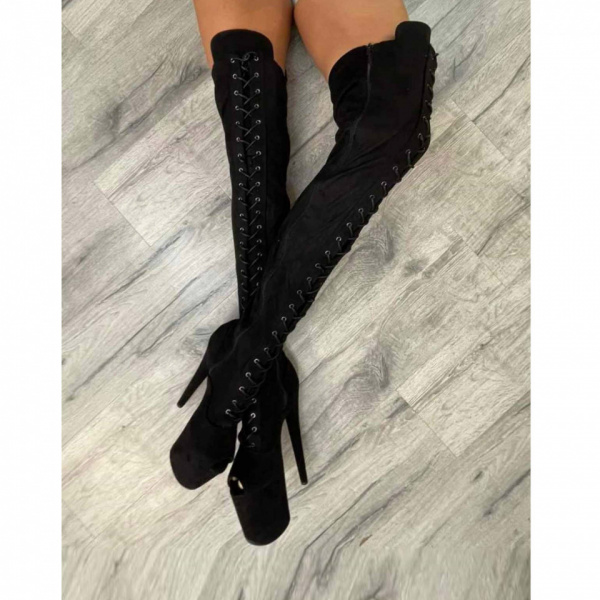 CAMOSCIO UPPER KNEE BOOTS BLACK OPEN TOES 8″ HEEL - Img 2