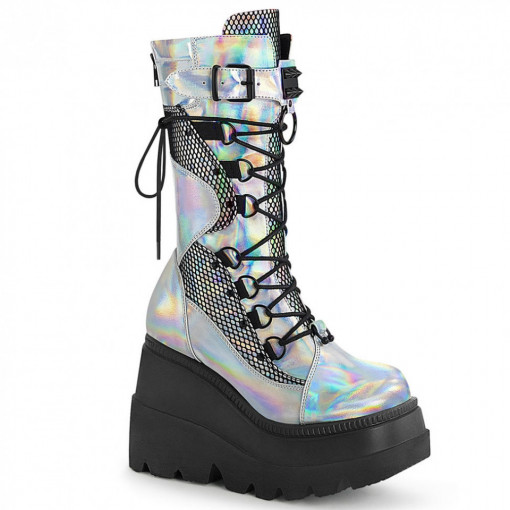 Demonia Cult SHAKER-70 Silver Holo. Vegan Leather-Blk Fishne
