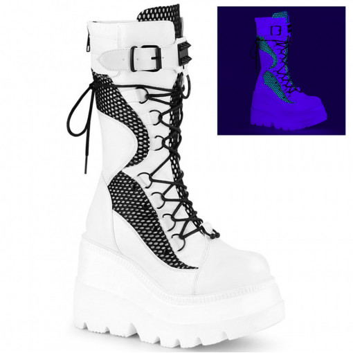 Demonia SHAKER-70 White Vegan Leather-Blk Fishnet