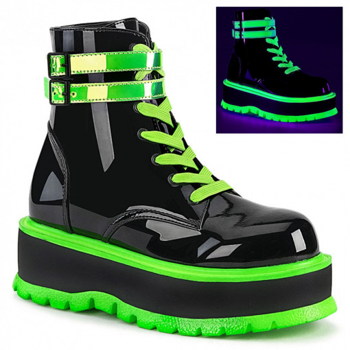 Demonia SLACKER-52 Blk Pat-UV Iridescent Green