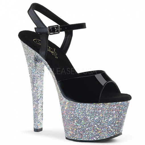 Pleaser SKY-309LG Blk Pat/Slv Multi Glitter