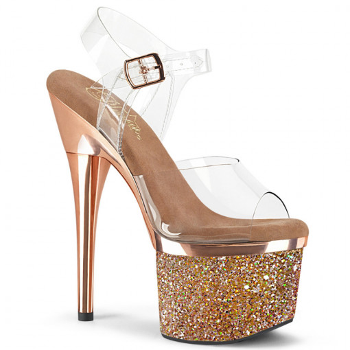 Pleaser ESTEEM-708CHLG Clr/Rose Gold Chrome-Multi Glitter