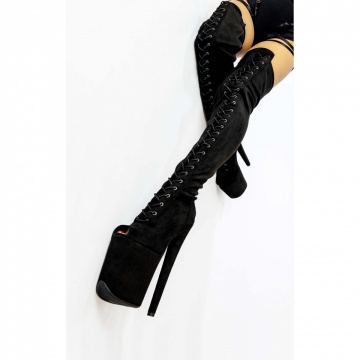 CAMOSCIO UPPER KNEE BOOTS BLACK OPEN TOES 8″ HEEL