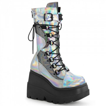 Demonia Cult SHAKER Silver Holo. Vegan Leather-Blk Fishnet