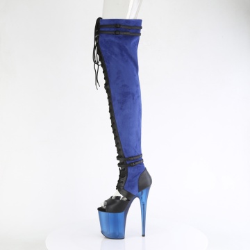 Pleaser FLAMINGO-3027 Blue Faux Suede-Blk Faux Leather/Frosted Blue