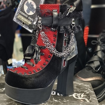 Demonia Cult CHARADE-110 Blk V. Le-Red-Blk Velvet-Fishnet Overlay