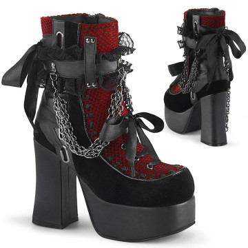 Demonia Cult CHARADE-110 Blk V. Le-Red-Blk Velvet-Fishnet Overlay