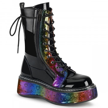 Demonia Cult EMILY-350 Blk Pat-Rainbow Hologram w/ Hearts