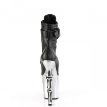 Pleaser RAPTURE-1020STR-LT Blk Faux Leather/Slv Matte-Rubbed Blk