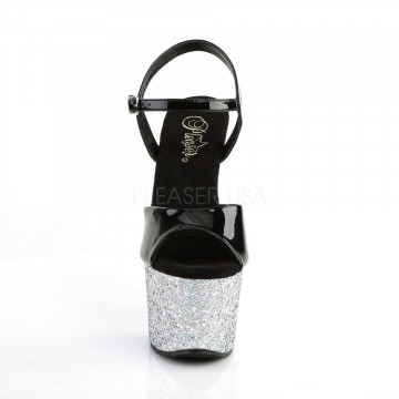 Pleaser SKY-309LG Blk Pat/Slv Multi Glitter