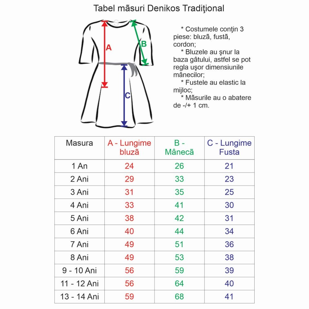 Tabel masuri costume traditionale copii Denikos