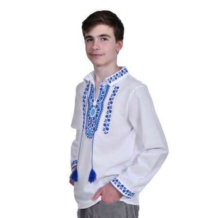 Camasa traditionala baieti, alba, broderie florala albastra, Denikos®TD203 - Img 2