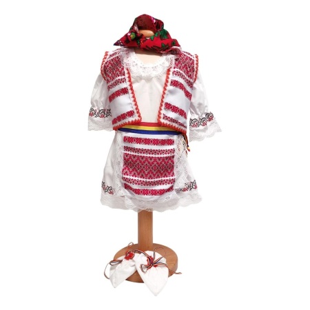 Costum botez national pentru fetite, alb, decor rosu, 5 piese, Denikos®PTB07 - Img 3