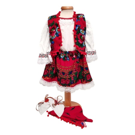 Costum botez popular pentru fetita, alb, decor rosu inflorat, 5 piese, Denikos®PTB11 - Img 2