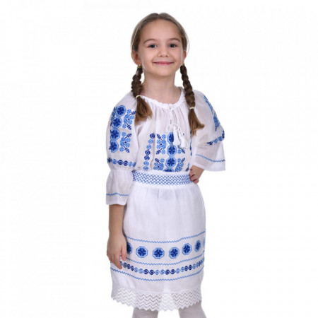 Costum traditional fetite, fusta si ie, broderie florala bleu, 1 - 16 ani, DNK0183