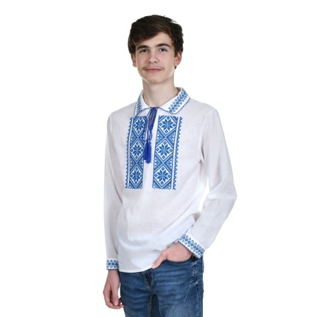 Ie camasa populara baieti, alba, broderie albastra motive traditionale romanesti, Denikos®TD235 - Img 2