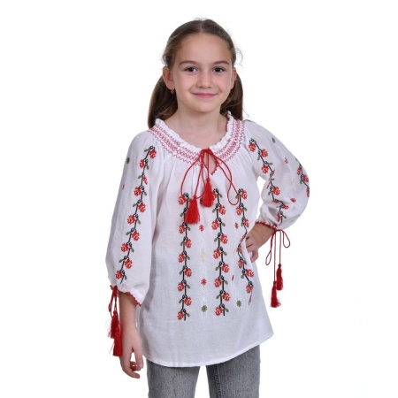 Ie traditionala fetita, alba, broderie floricele rosii, marime unica, 7-10 Ani, Denikos®TD227 - Img 2