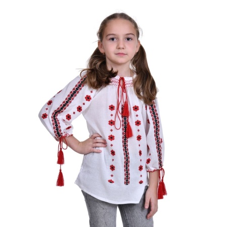 Ie traditionala fetita, alba, broderie rosie, marime unica, 7-10 Ani, Denikos®TD224 - Img 2