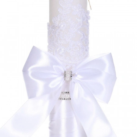 Lumanare botez decor alb elegant, dantela, margelute si fundita asortata, Denikos® C1188 - Img 2