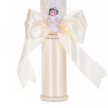 Lumanare botez eleganta decor crem / ivoire, dantela, ingeras cu pene si fundita asortata, Denikos® C1184 - Img 3