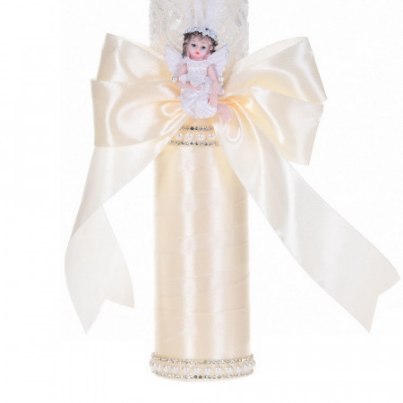 Set botez cu lumanare decor dantela, margelute si ingeras si trusou botez asortat, Crem / Ivoire, Denikos® C9314 - Img 4
