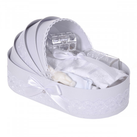 Set botez elegant, lumanare margelute si si trusou botez in landou, decor dantela alba ingusta, Denikos® C9300 - Img 2