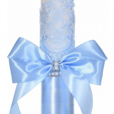 Set botez elegant, lumanare margelute si si trusou botez in landou, decor dantela bleu ingusta, Denikos® C9302 - Img 2