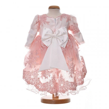 Set botez, rochita cu trena, 3 piese, trusou botez, cutie trusou si lumanare, decor dantela roz pudra, Denikos® C9188 - Img 5