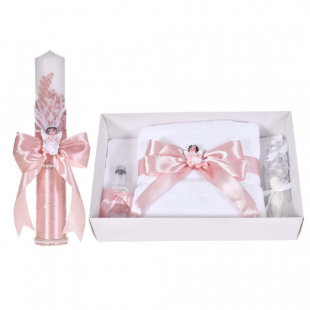 Set botez sic cu lumanare decor dantela, margelute si ingeras si trusou botez asortat, Roz pudra, Denikos® C9316