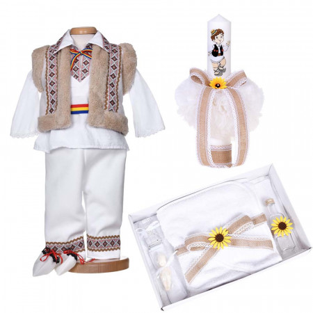 Set botez traditional baiat, trusou botez national, lumanare si costum popular, Denikos® C9278